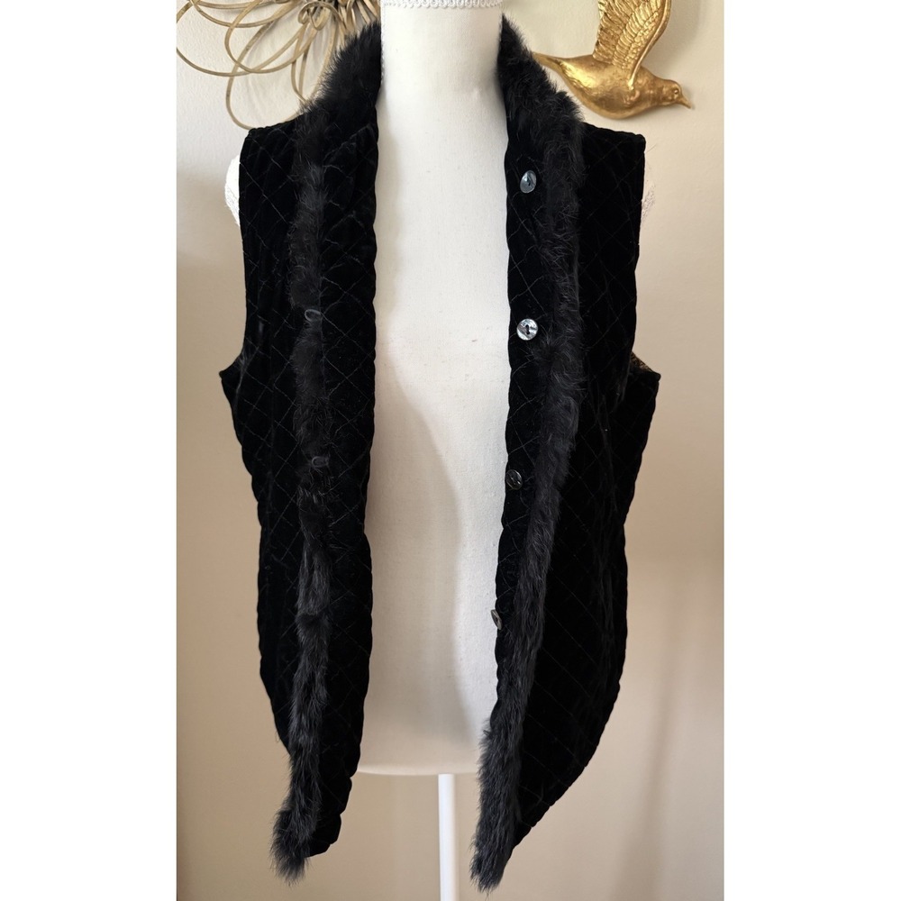 Chico's Black Quilted Velvet Rabbit Fur Trim Vest Paisley Lined Size 0 S